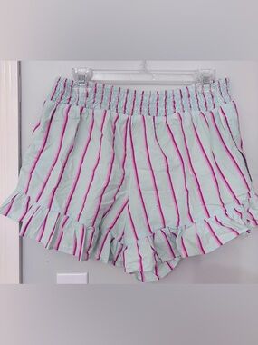 Anthropologie Mint Green Pink Striped Ruffle Shorts Smocked Waist Size M Preppy